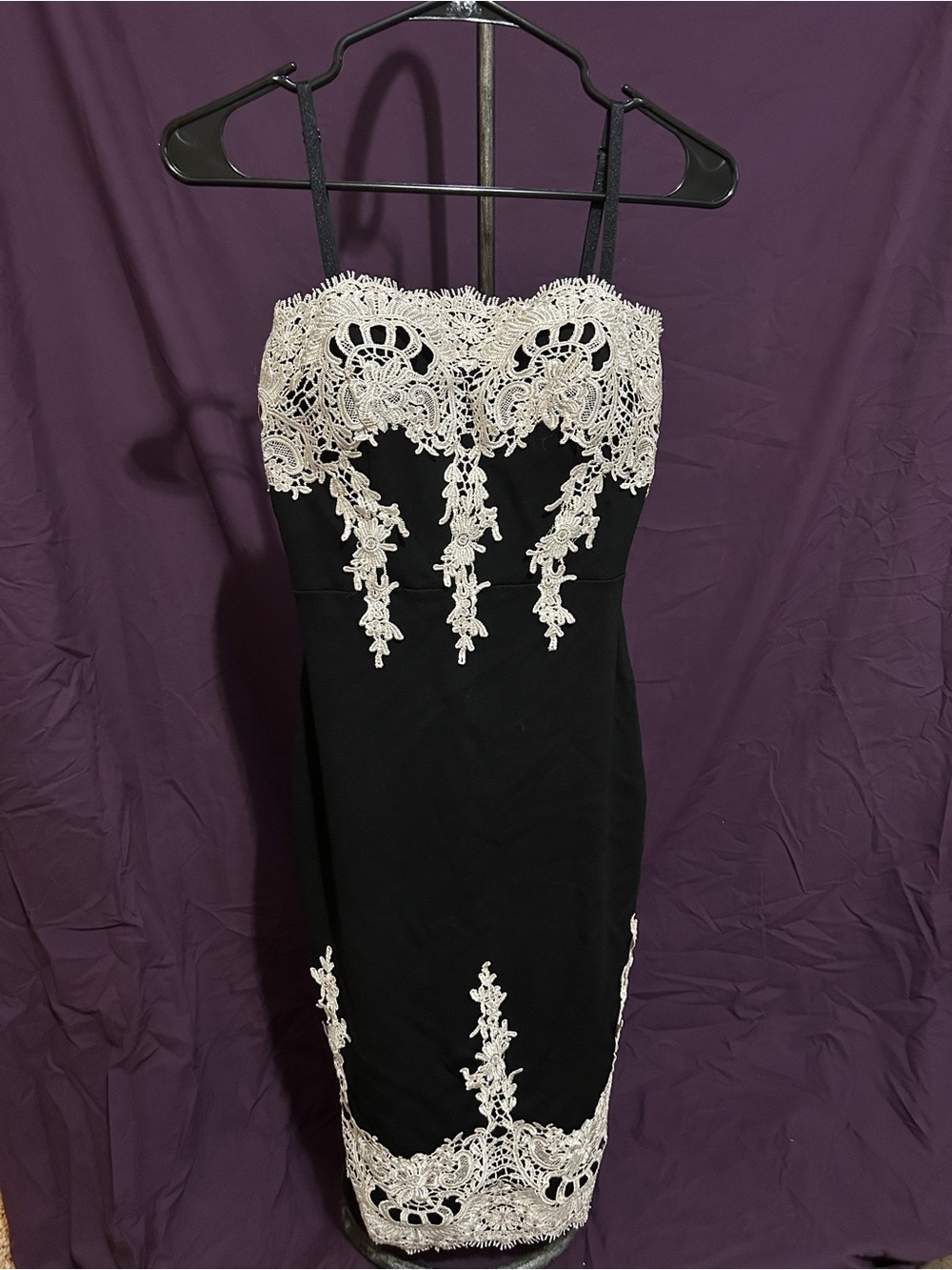 Haute Monde Black Midi Dress with Cream Lace Appliqué